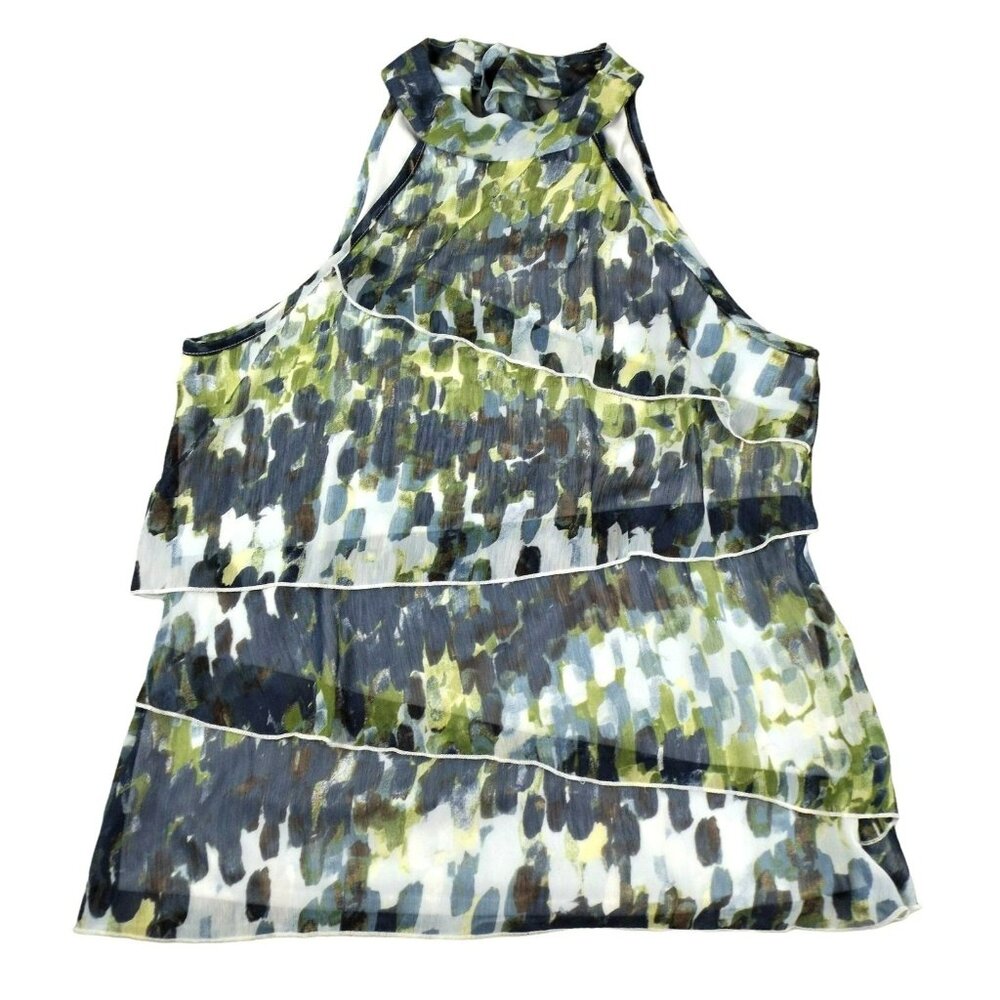 Womens Top Tiered Blue Green Brown High Neck Size Large Sleeveless  JH1038